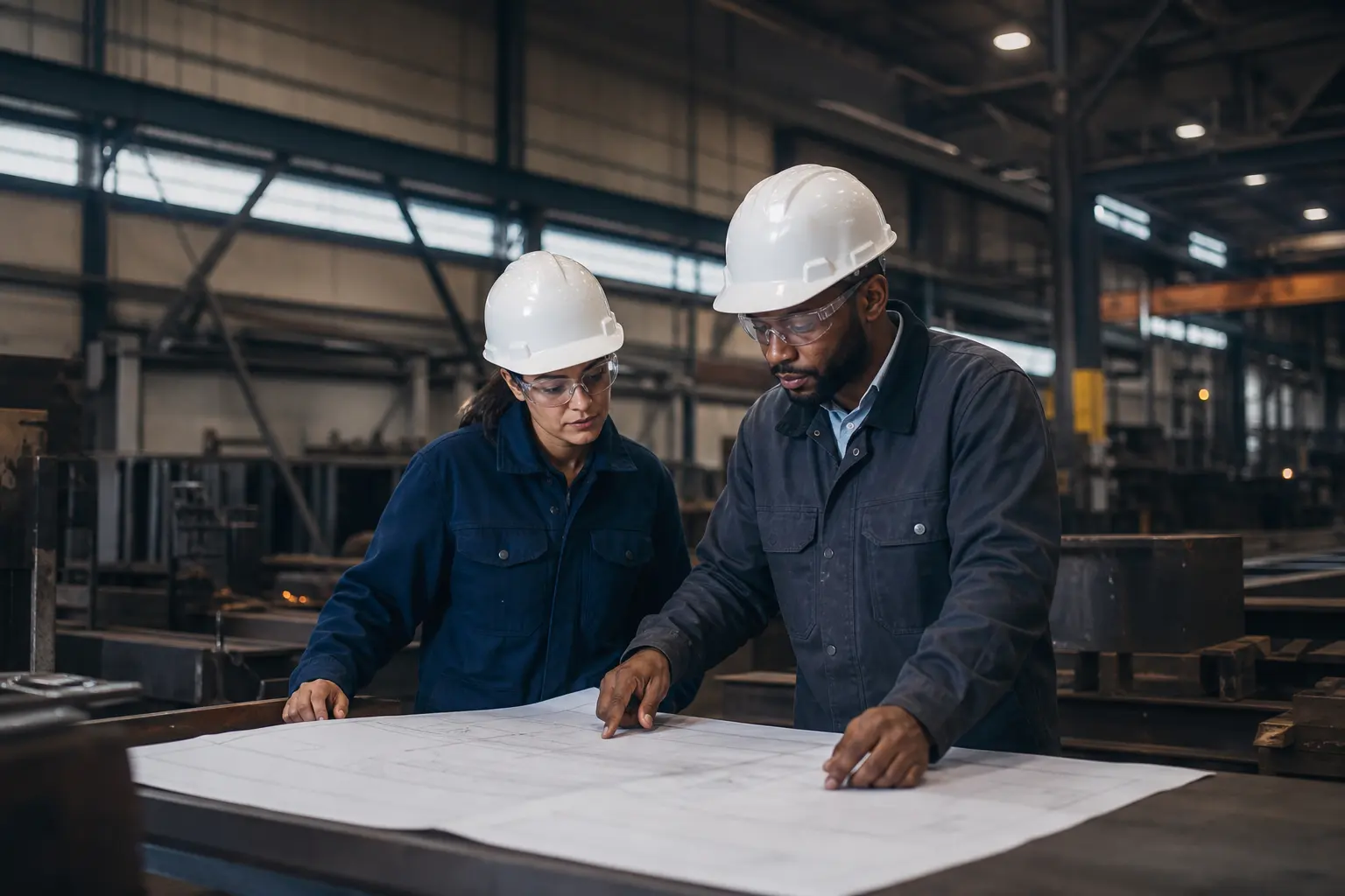 Industrial engineers reviewing a structured project scope