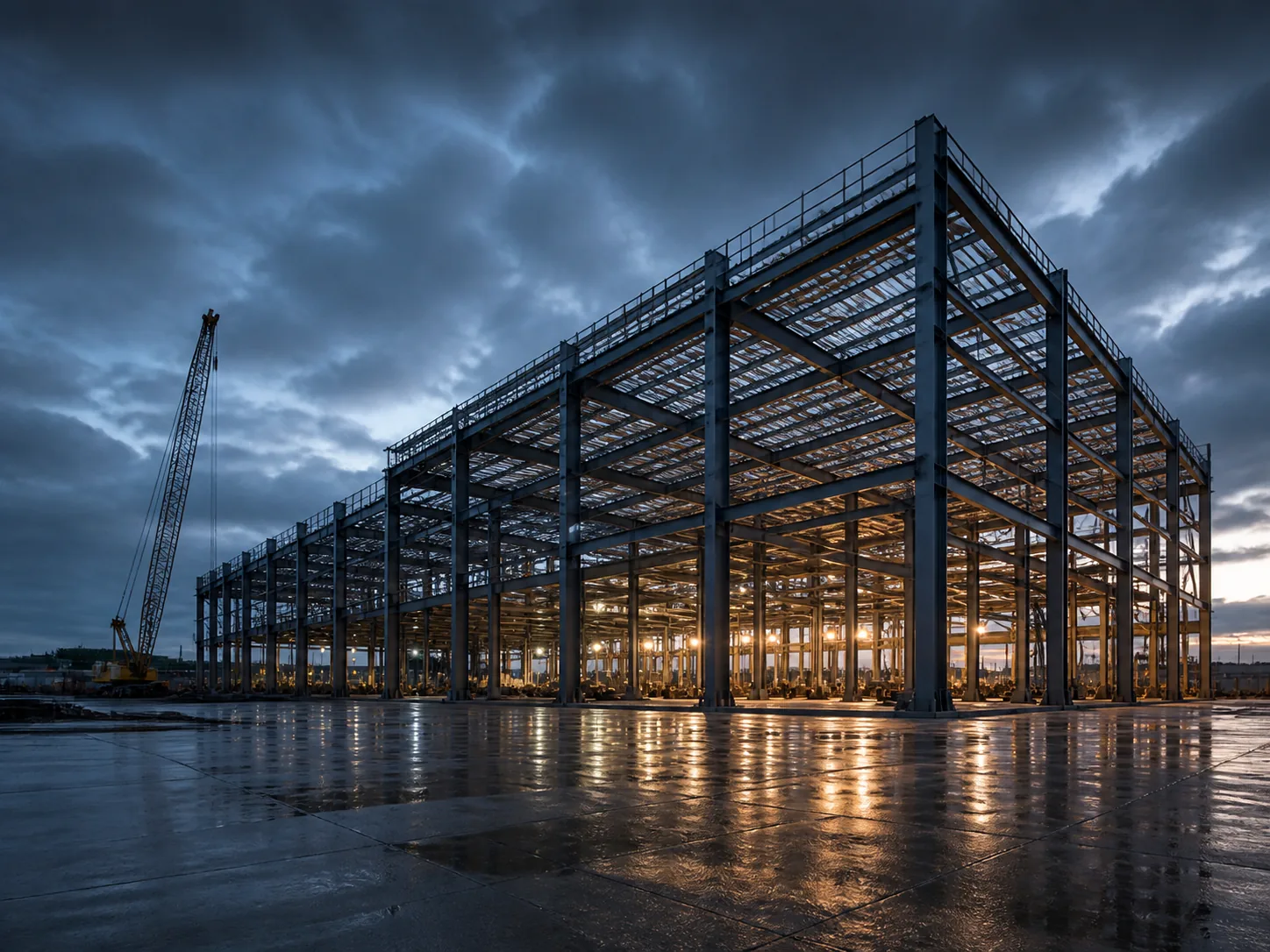 Steel-frame industrial facility under construction at dusk