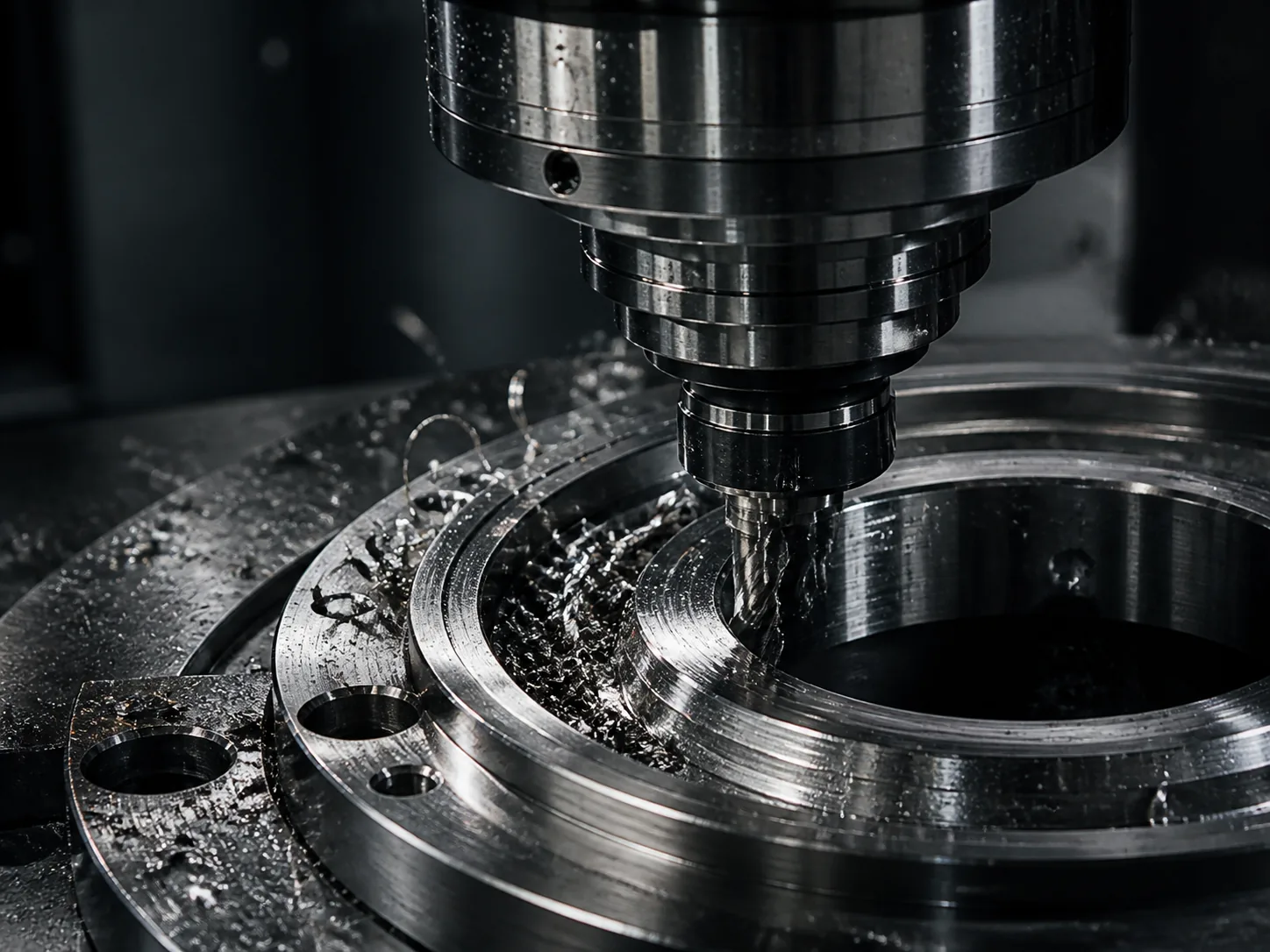 Precision CNC milling head machining a steel component